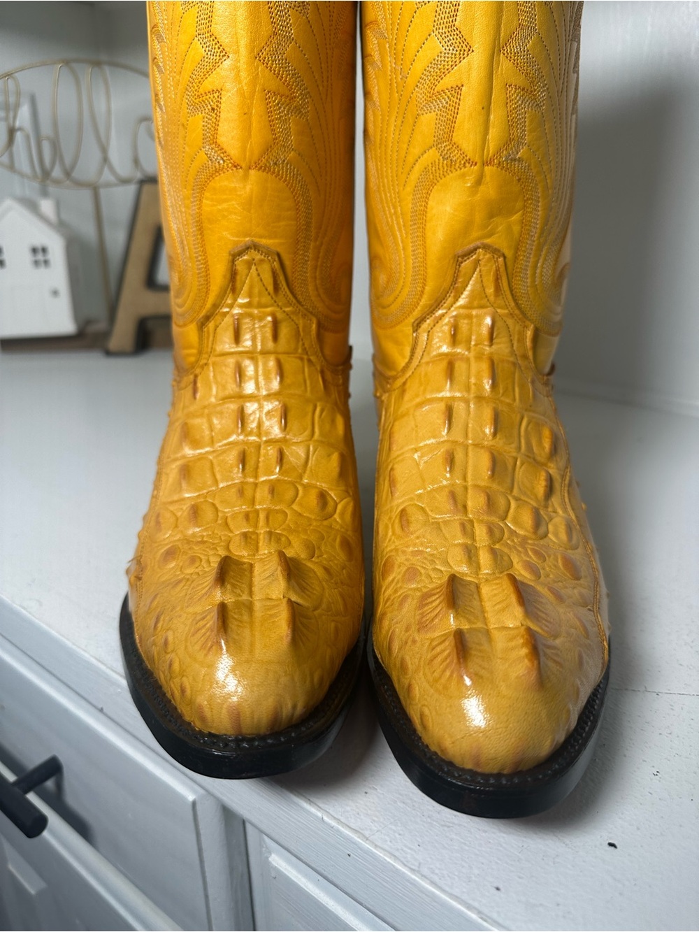 Botas El Paisa Exotic Ostrich Leg Cowboy Boots Women’s 9 Men’s 7.5 Mustard - Picture 4 of 11